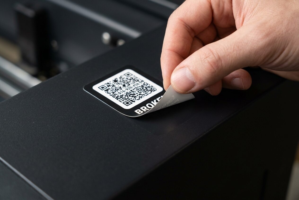 A hand peeling a FixTag Gear Tag cleanly off black gym equipment, no residue left behind