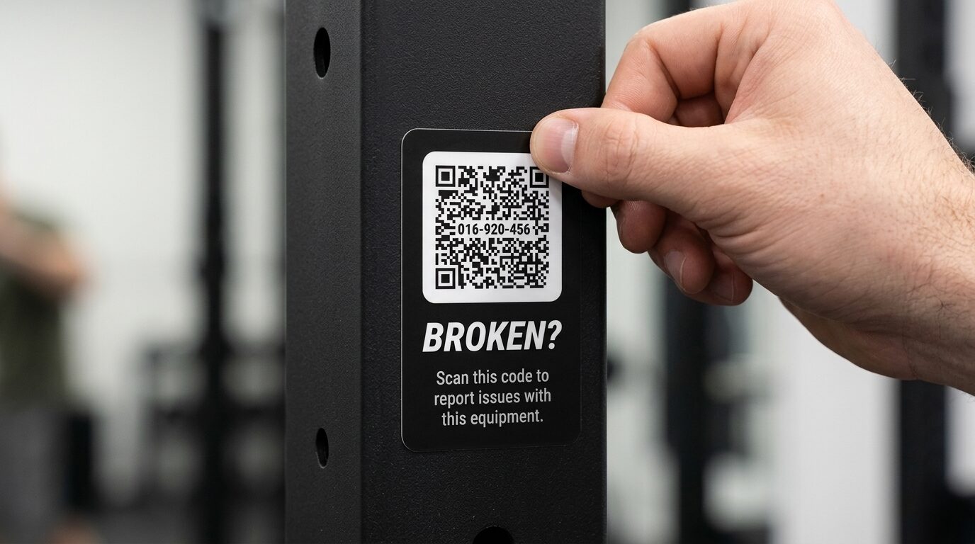 A thumb pressing the rounded corner of a Gear Tag against a powder-coated rack upright