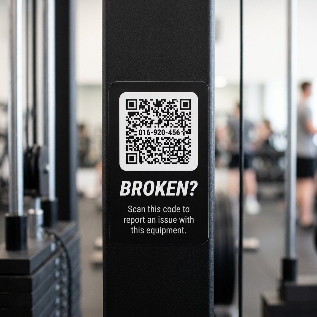 A Gear Tag on a cable machine upright with its short ID, 016-920-456, printed in plain text at the center of the QR code