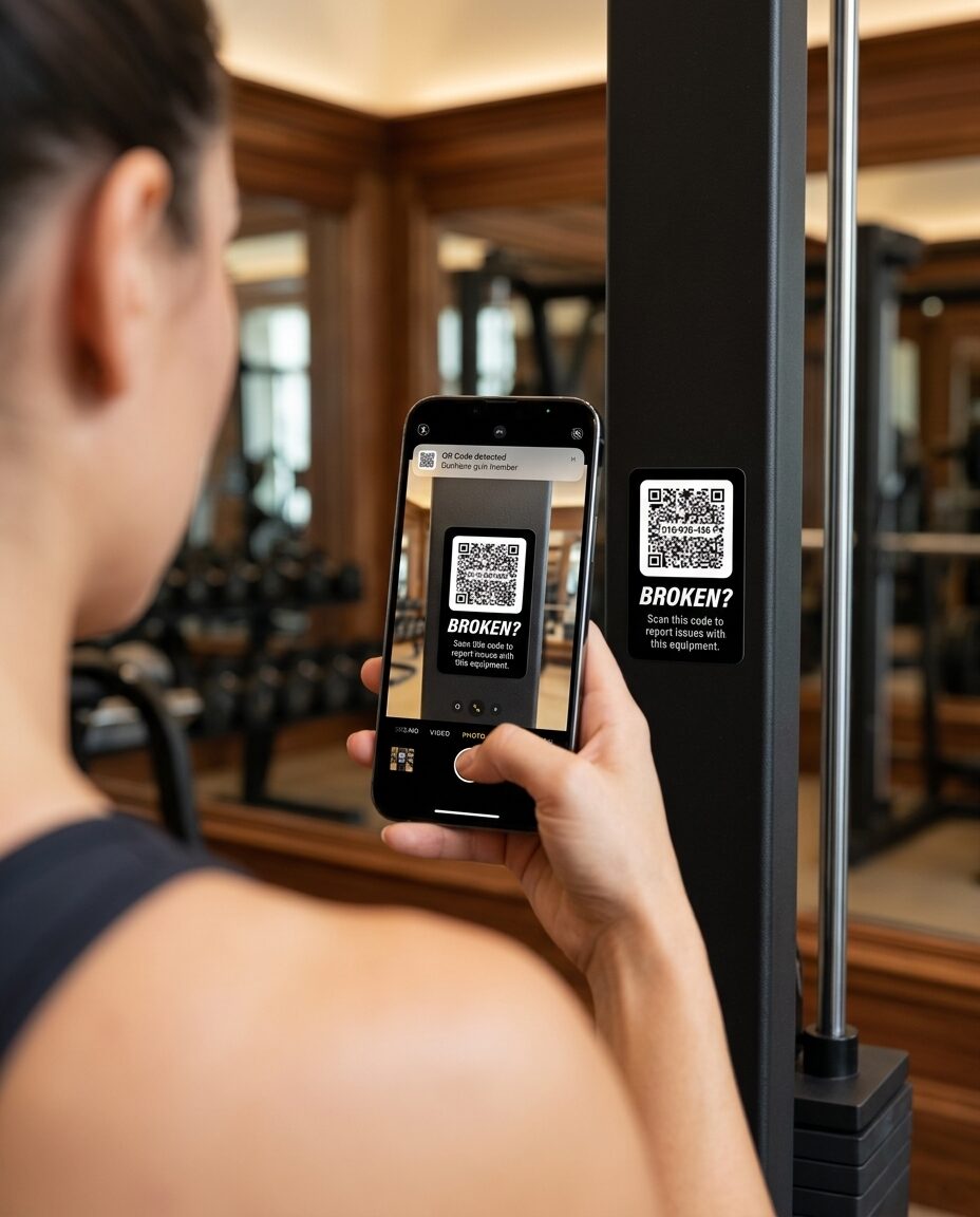 A gym member pointing a phone at a Gear Tag on a rack upright, the scan page opening with no download or sign-in