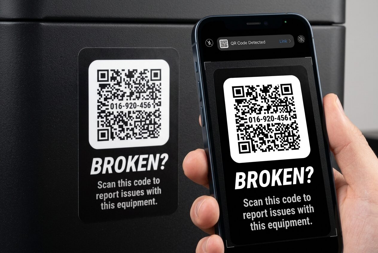 A phone camera detecting a Gear Tag QR code, the QR Code Detected banner showing on screen