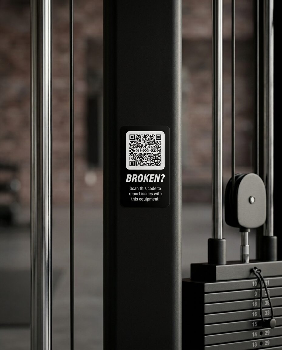A dark Gear Tag on the painted metal column of a cable machine