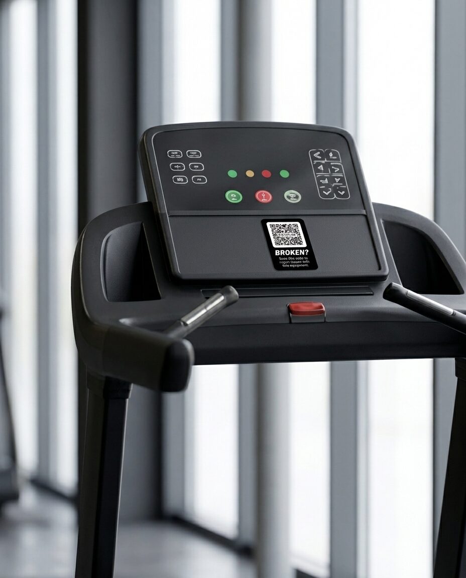 A Gear Tag on the smooth rigid plastic console bezel of a treadmill