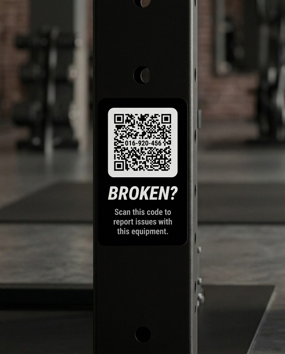 A dark Gear Tag on the powder-coated steel upright of a squat rack