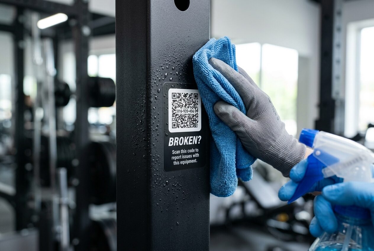 A gloved hand wiping down a rack upright with disinfectant right next to a FixTag Gear Tag