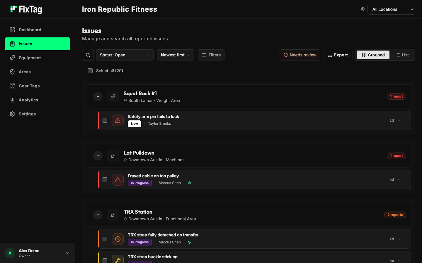 FixTag issues screen grouped by equipment, showing Squat Rack, Lat Pulldown, and TRX Station with severity chips, New and In Progress status, and the staff member handling each report.
