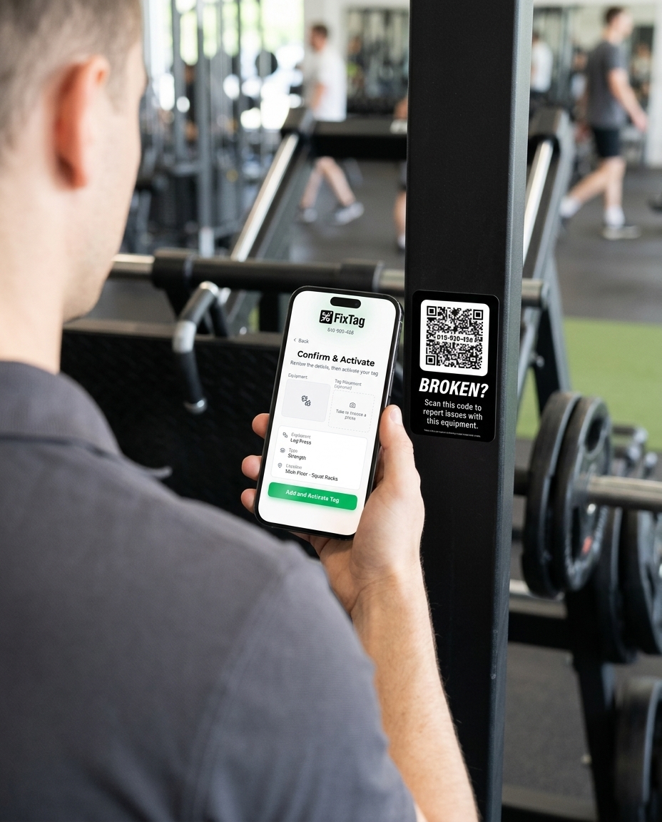 A gym owner activating a FixTag Gear Tag on a machine, scanning it with the Confirm and Activate screen open