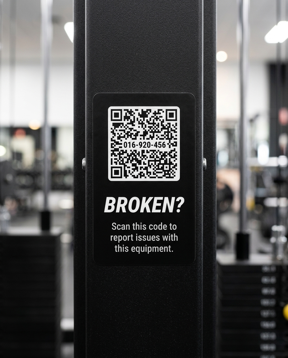 A FixTag sticker on a piece of gym equipment